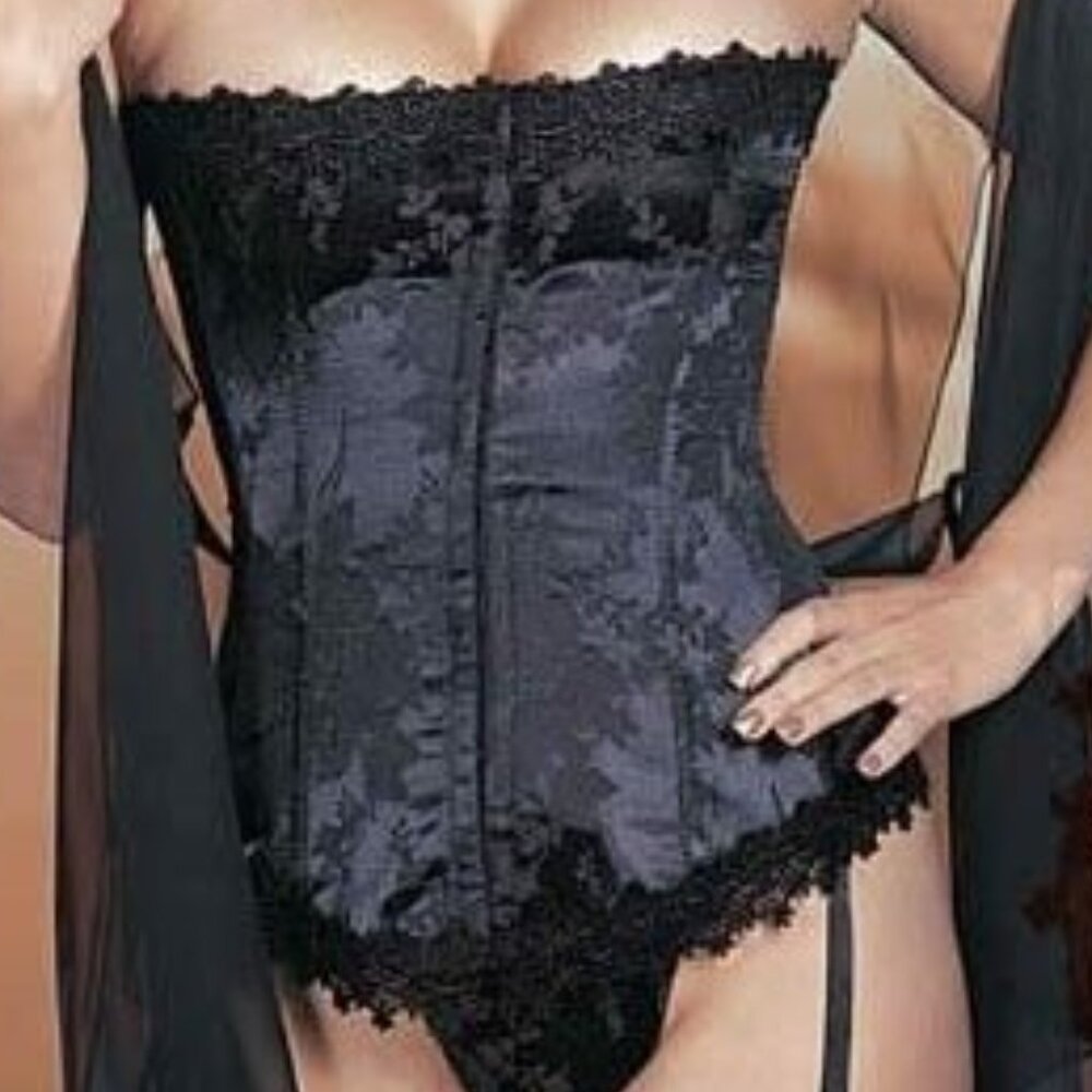 Black Satin Jaquard Lace Corset Set - NEW